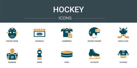 set of 10 outline web hockey icons such as hockey mask, schedule, commerce, hockey helmet, maple leaf, bowman, drink vector icons for report, presentation, diagram, web design, mobile app