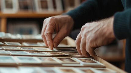 Collectors sorting trading cards by rarity and condition