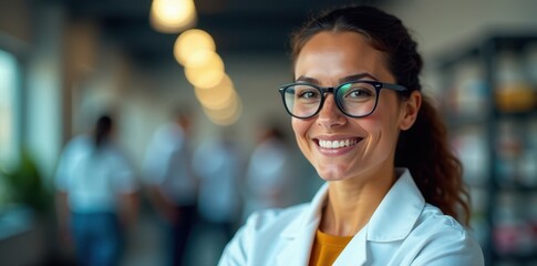 Smiling researcher with glasses, celebrating female empowerment , knowledge, experiment, International Women's Day
