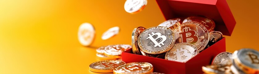 Bitcoin Coins in Red Gift Box on Bright Yellow Background for Financial Themes