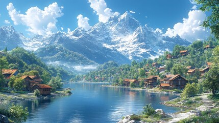 Mountain Village by Lakeside