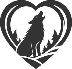 A silhouette of a wolf howling inside a heart shaped frame animal vector