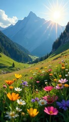 Sunlit wildflowers in mountain valley, rugged peaks rise , stone, alpine, green