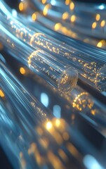 Futuristic, highly efficient fiber optic cables installed in a sleek data center, showing highspeed data transfer with minimal loss