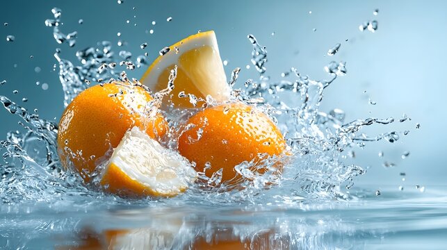 Surreal hybrid citrus fruit combining a lemon with pineapple spikes explosively splashing in crystal clear water with a dynamic motion freeze and ultra detailed texture