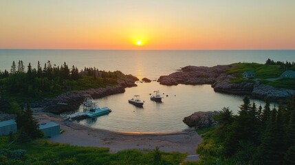 Coastal Bay with Boats at Sunset in Nova Scotia Landscape View