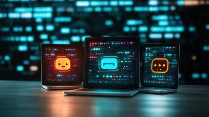Wireless, Three laptops displaying vibrant graphics and data against a blurred, illuminated background.