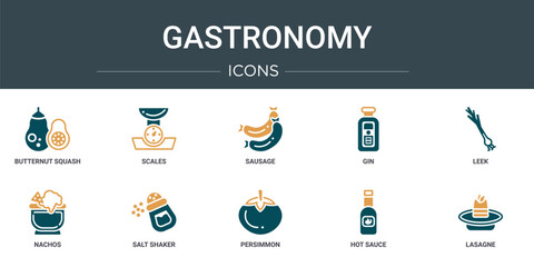set of 10 outline web gastronomy icons such as butternut squash, scales, sausage, gin, leek, nachos, salt shaker vector icons for report, presentation, diagram, web design, mobile app