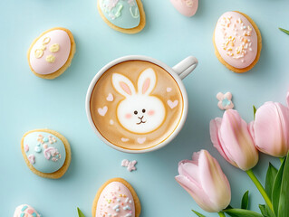A flat lay of Easter treats on a light blue background. In the center, a white cup of cappuccino with a latte art design of an Easter bunny in the foam