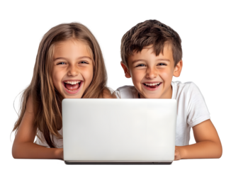 Joyful children laughing together in front of a laptop showcasing happiness and playful moments