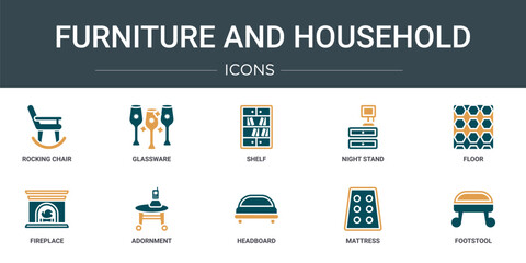 set of 10 outline web furniture and household icons such as rocking chair, glassware, shelf, night stand, floor, fireplace, adornment vector icons for report, presentation, diagram, web design,