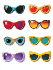 Colorful sunglasses in various styles displayed.