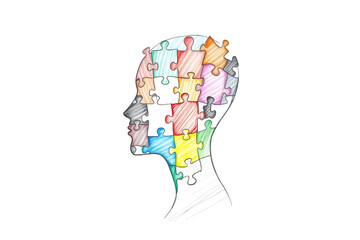 Illustration hand drawn human head made of puzzle pieces isolated on white background . Conceptual artwork symbolizes complexity of human mind, mental health, neurodiversity concept. Transparent PNG