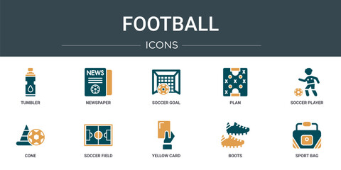 set of 10 outline web football icons such as tumbler, newspaper, soccer goal, plan, soccer player, cone, soccer field vector icons for report, presentation, diagram, web design, mobile app