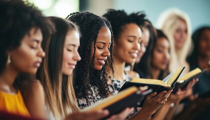 Diverse Group Of Women Praying Together: Christian Beliefs And Bible Study United In Worship And Fellowship. A Multicultural Gathering Of Faithful Women.