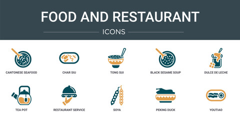 set of 10 outline web food and restaurant icons such as cantonese seafood soup, char siu, tong sui, black sesame soup, dulce de leche, tea pot, restaurant service vector icons for report,
