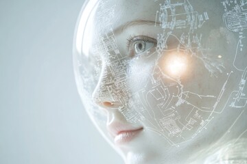 A futuristic concept depicting a human face overlaid with a translucent schematic, symbolizing technological integration and human augmentation.