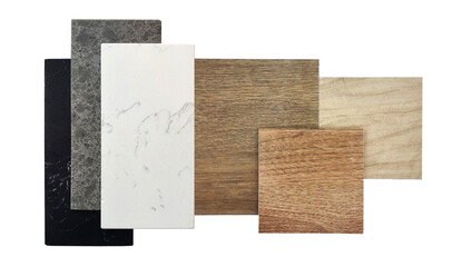 interior material samples board in top view including black, gray and white artificial stones, set of wooden laminated flooring tiles isolated on background with clipping path. mood and tone board.