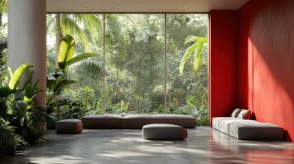 Modern Living Room with Large Windows Overlooking Lush Greenery and Elegant Interior Design