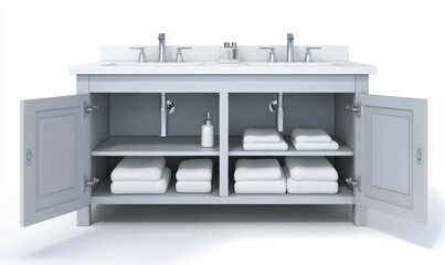 Modern white double bathroom vanity with open doors revealing towels and toiletries