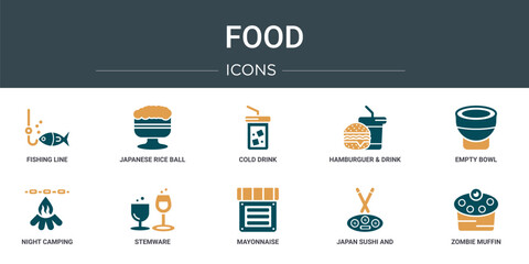 set of 10 outline web food icons such as fishing line, japanese rice ball in a bowl, cold drink, hamburguer & drink, empty bowl, night camping, stemware vector icons for report, presentation,