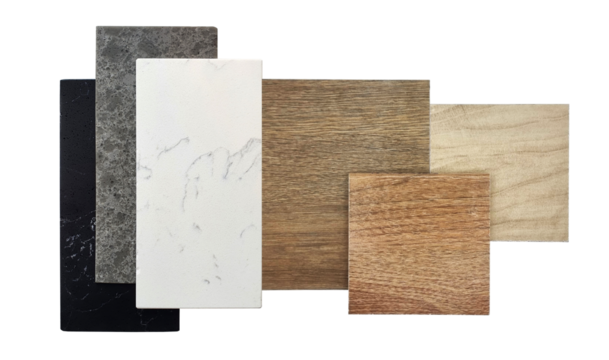 interior material samples board in top view including black, gray and white artificial stones, set of wooden laminated flooring tiles isolated on background with clipping path. mood and tone board.