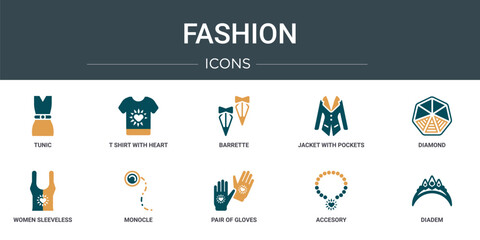 set of 10 outline web fashion icons such as tunic, t shirt with heart, barrette, jacket with pockets, diamond, women sleeveless shirt, monocle vector icons for report, presentation, diagram, web