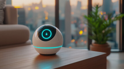 Wireless, Smart robotic device on a wooden table, with a city skyline view in the background during sunset.