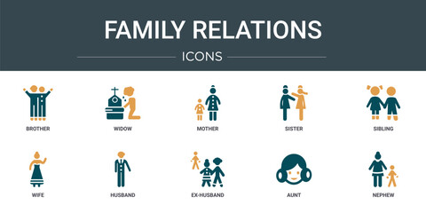 Obraz premium set of 10 outline web family relations icons such as brother, widow, mother, sister, sibling, wife, husband vector icons for report, presentation, diagram, web design, mobile app