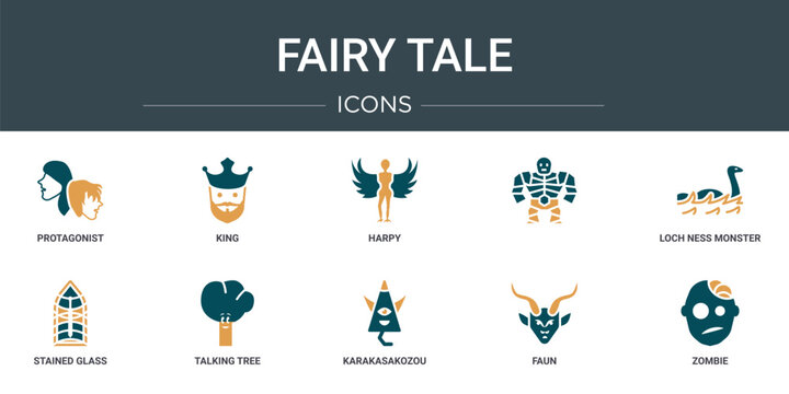 set of 10 outline web fairy tale icons such as protagonist, king, harpy,  , loch ness monster, stained glass, talking tree vector icons for report, presentation, diagram, web design, mobile app