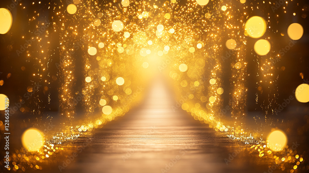 Poster a golden sparkling pathway surrounded by glowing lights, creating a magical and dreamy atmosphere th