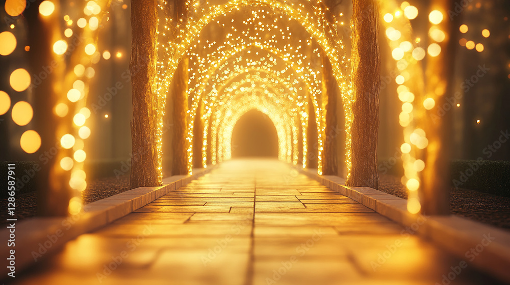 Poster a magical golden pathway lined with glowing lights, creating an enchanting and dreamy atmosphere. th