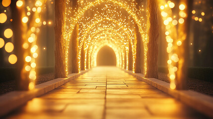 A magical golden pathway lined with glowing lights, creating an enchanting and dreamy atmosphere. This represents a journey illuminated by hope, dreams, and endless possibilities.