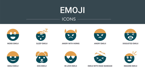 set of 10 outline web emoji icons such as weird emoji, sleep emoji, angry with horns angry disgusted smile dog vector icons for report, presentation, diagram, web design, mobile app