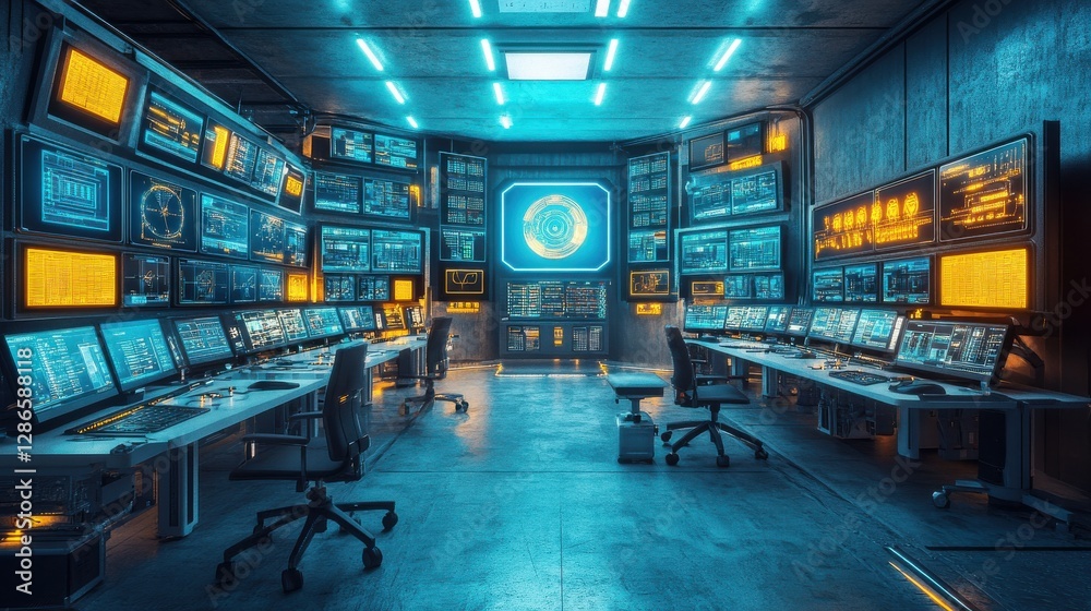 Aufkleber futuristic control room with multiple screens and advanced technology for data monitoring