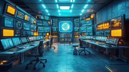Futuristic Control Room with Multiple Screens and Advanced Technology for Data Monitoring