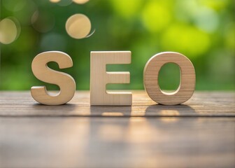 SEO Wooden Letters on a Rustic Wooden Table Outdoors