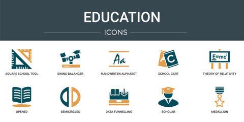 set of 10 outline web education icons such as square school tool, swing balancer, handwriten alphabet, school cart, theory of relativity, opened, semicircles vector icons for report, presentation,