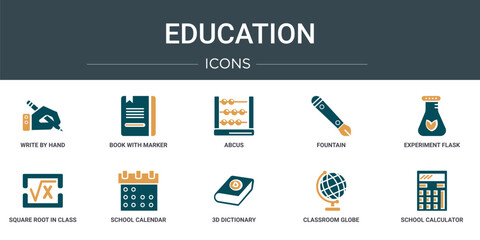 set of 10 outline web education icons such as write by hand, book with marker, abcus, fountain, experiment flask with leaves, square root in class, school calendar vector icons for report,