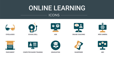 set of 10 outline web online learning icons such as eyeglasses, school bell, ask, online coaching, web camera, parchment, computer-based training vector icons for report, presentation, diagram, web