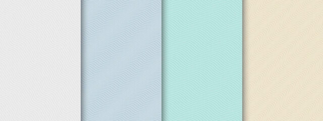 Collection of colorful seamless striped wave patterns. Repeatable delicate backgrounds with curve lines. Soft wavy linear textures. Minimalistic textile prints