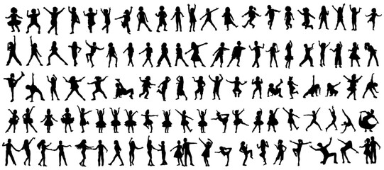 Children silhouettes. Little boys and girls dancing poses set. Vector illustration.	