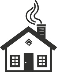 Simple black and white house icon with chimney and smoke.