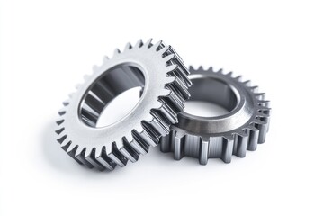 Two metallic gears interlocked, showcasing intricate details and precision engineering.