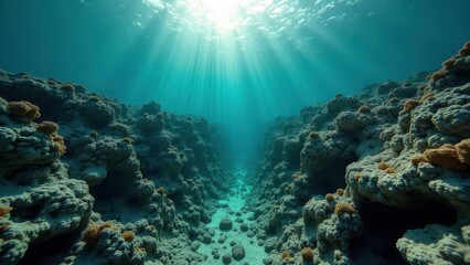 Underwater view of bleached coral reef with deep crevice and sun rays filtering through clear water	