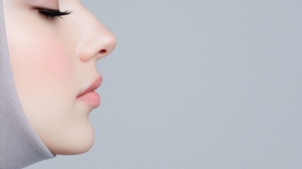Obraz premium Profile of a young Muslim woman with clean skin wearing a grey hijab against a neutral background.