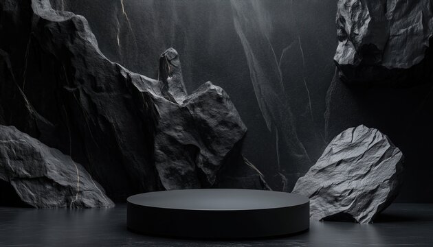 Abstract Composition With Dark Black Rock Podium For Product Presentation And Sale, With Showcase And Pedestal For Cosmetics. Ample Copy Space, Rendering Included.