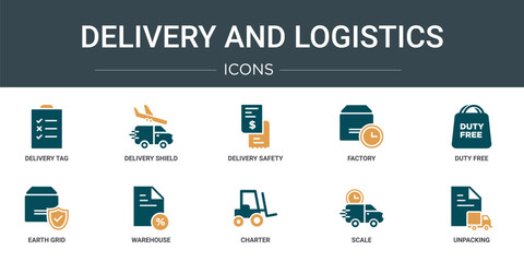 set of 10 outline web delivery and logistics icons such as delivery tag, delivery shield, safety, factory, duty free, earth grid, warehouse vector icons for report, presentation, diagram, web