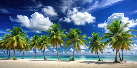 Fototapeta premium Dense cluster of swaying palm trees against a bright blue tropical sky with gentle white fluffy clouds and a soft sandy beach in the foreground , sunny day, island