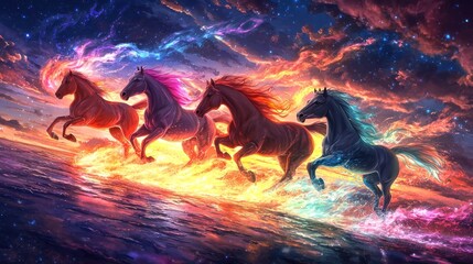 Mystical Horses Running Across Galaxy Sky and Fiery Landscape Artwork